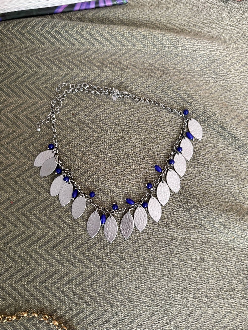 Silver Leaf Necklace with Deep Blue Beads